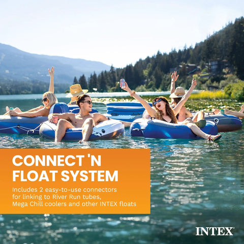 Group enjoying summer on Blue Tropic Inflatable Five Person Pool Island Lounge Raft With Backrests Built In Cooler And Four Cupholders
