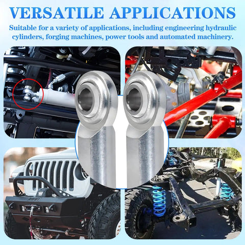 Three Eighths Inch Rod End Bearings Heim Joints Set Of Four With Right Hand Female Thread And Bore Three Eighths Self Aligning High Load Capacity Low Noise Corrosion And Wear Resistant Lock Nut Bushing Assembly For Heavy Duty Linkages, shown on off-road suspension