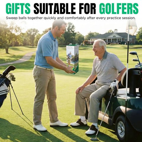 Man gifting Portable Golf Ball Sweeper With Self Standing No Bend Design Modular PVC Ball Collector to golfer on golf cart