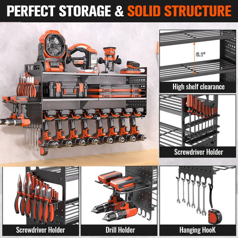 33 Inch Wide Power Tool Organizer Wall Mount Heavy Duty Cordless Tool Rack With 10 Drill Holders, 300 Lb Capacity, 3 Tier Garage Storage