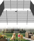No Dig Garden Fence Kit With Gate, 10 Metal Panels, 32 Inch High, 24.2 Feet Long, Rustproof Outdoor Fence For Pets shown installed in backyard with dogs