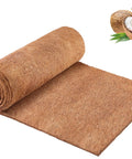 Natural Coconut Fiber Liner Roll 16 X 120 Inch Easy To Cut Coco Coir Mat for planters and baskets, rolled view with coconut image.