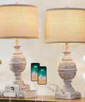 Cozy Farmhouse Table Lamps Set of 2 With USB Charging Ports, 3 Way Dimmable Rustic Wood Finish Nightstand Lights, bulbs shown
