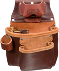Left Handed Pro Tool Bag With 11 Pockets, Built Like A Tank, Heavy Duty Leather, 2 Pouch Design, Carries Pencils, Knives, Levels, Hammers, Chisels, And Lumber Crayons, Made In USA, showing front view with detailed pockets and leather finish