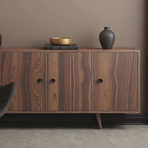 Wooden cabinet with round hidden concealed door pulls flush pocket door handles in stainless steel matte black 50mm diameter.