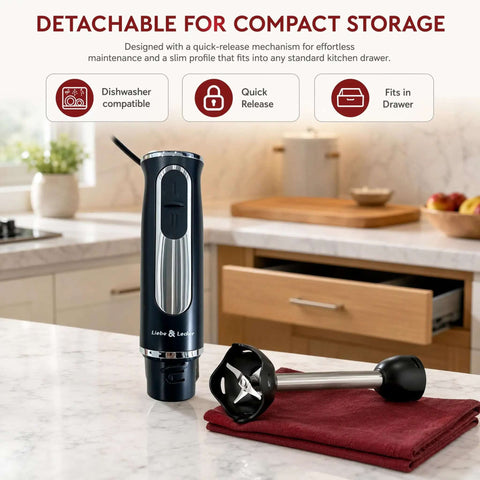 Smooth As Silk 300 Watt Immersion Stick Blender With Rock Solid Build, detachable for compact storage on kitchen counter.