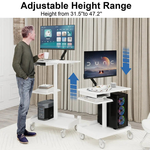 Heavy Duty White Rolling Mobile Workstation Cart With Smooth Gas Spring Height Adjustment For Sit Stand Daily Grind featuring adjustable height.