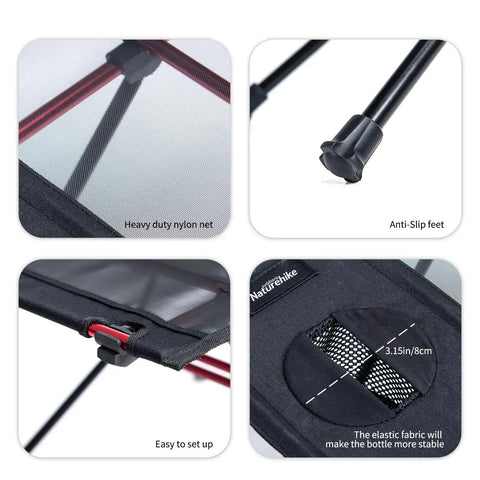 Close-up details of Ultralight Camping Table With Cup Holder And Carry Bag, showcasing nylon net, anti-slip feet, and cup holder.