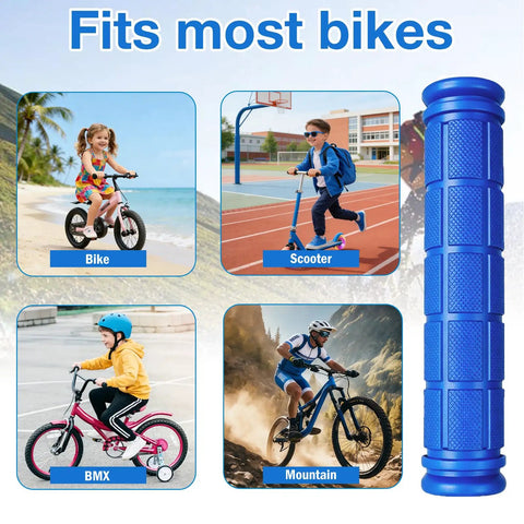 2 Pairs Soft Rubber Mushroom Style Bicycle Handlebar Grips For BMX, Road, And Mountain Bikes Blue, Comfortable Cushion Grips, Easy Install With Lubrication displayed with various bikes and activities in use