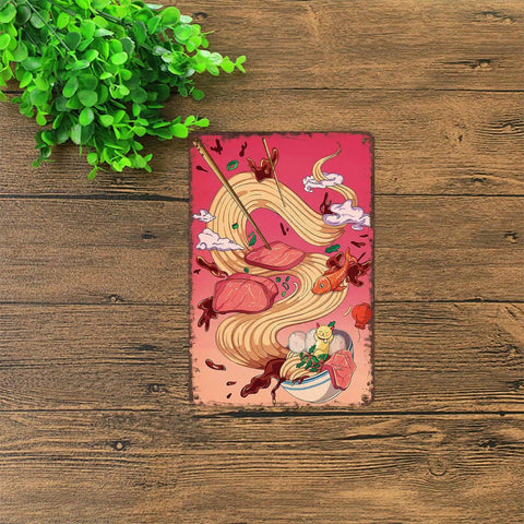 Vintage Metal Sign Ramen Bowl Cat And Goldfish Tin Wall Art 8 By 12 Inch showing a playful cat and goldfish in a ramen bowl on a table.