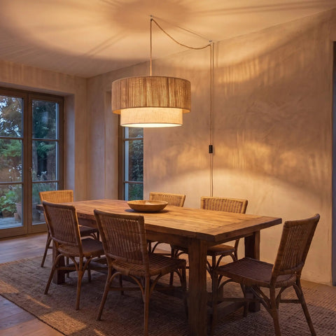 18 Inch Plug In Rattan Pendant Light With Premium Linen Shade Boho Ceiling Chandelier over rustic wooden dining table.