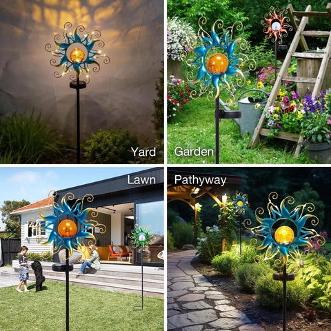 Outdoor Light Stakes for Garden Decor With Blue Metal Sun Crackle Glass Globes Waterproof 30 LED Pathway Lawn Yard Patio Lights displayed