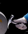 Deburring Wheel With Aluminum Oxide, 12 Inch Diameter, 1 Inch Width, 5 Arbor, 8A Medium Grit, 3000 RPM in use for metal deburring