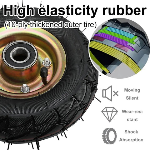 Close-up of high elasticity rubber tire with a 10-ply thick outer tire, part of the Set Of Four Rock Solid Pneumatic Caster Wheels With Smooth Rolling Rubber Tires For Cart And Furniture Moving Industrial Grade Hauling Gear With No Nonsense Real Deal Build.