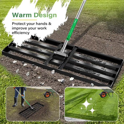 Extra Wide Lawn Leveling Rake 36 By 10 Inch with Adjustable Steel Handle smoothing garden soil, removing stones and clods.