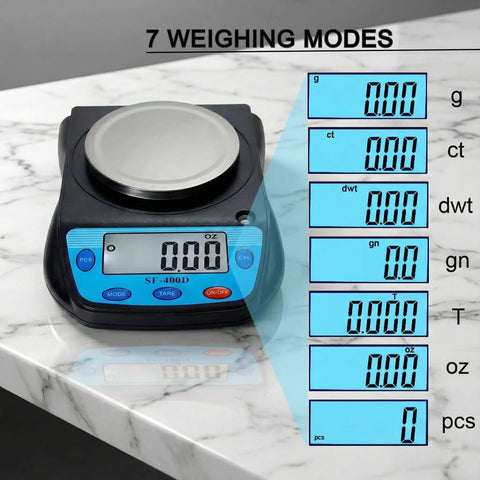 Ultra Precise Digital Lab Scale For Chemistry And Jewelry Weighing In 0.01 Gram Increments Up To 600 Grams With Carats Ounces And Grams Multi Unit Precision Balance For Education displaying seven weighing modes.
