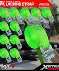 Top Shelf Heavy Duty Cam Buckle Tie Down Straps 1x12 Feet 12 Pack With Bulletproof Grip For Flatbed Trailers Trucks And Equipment Hauling Made Tough For The Daily Grind, green straps with cam buckles.