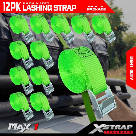 Top Shelf Heavy Duty Cam Buckle Tie Down Straps 1x12 Feet 12 Pack With Bulletproof Grip For Flatbed Trailers Trucks And Equipment Hauling Made Tough For The Daily Grind, green straps with cam buckles.