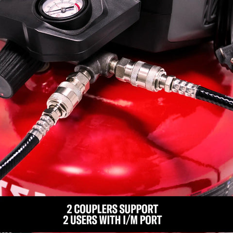 Craftsman 6 Gallon Oil Free Pancake Air Compressor delivering 150 PSI With 10 Piece Accessory Kit. This Reliable Compact Unit Features A One Horsepower Motor For Fast Recovery And Steady Airflow Perfect For Nailing Stapling And Inflation Around The