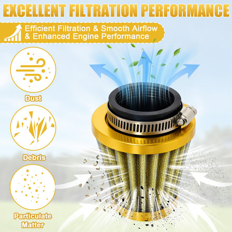 Two Pack 38mm Air Filter for 50cc to 200cc Small Engines with efficient filtration, yellow filter with clamp