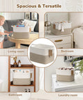 Cotton Rope Storage Basket With Handles For Toys Books And More, Label Ready Bin shown in various room settings, 13 by 10 by 9 inches size.