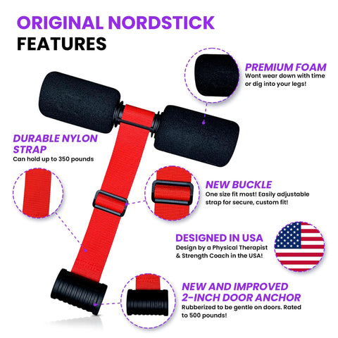 Nordic Hamstring Curl Strap For Home And Travel, 5 Second Setup, Portable, foam-padded comfort, red nylon strap, features