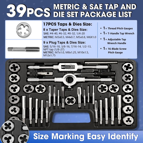 39 Piece Tap And Die Set For Threads Metric And SAE Kit With Adjustable Handles Case And All Accessories Pro Grade GCR15 Steel