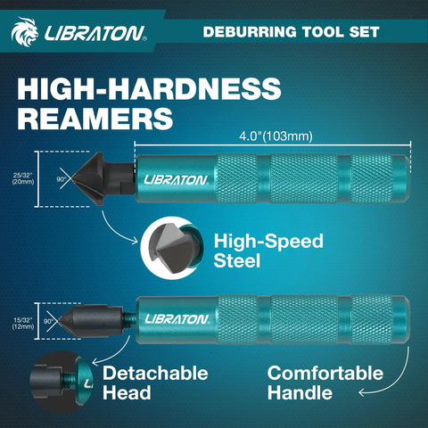 LIBRATON deburring tool with detachable head and knurled teal handle
