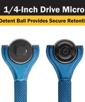 Quarter Inch Drive Swivel Head Micro Ratchet With Ninety Tooth Reversible Mechanism Four Inch Handle Chrome Vanadium Head Anodized Aluminum Handle Built For Tight Spots Blue showing detent ball retention
