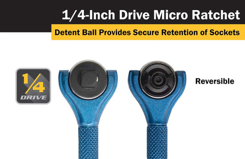 Quarter Inch Drive Swivel Head Micro Ratchet With Ninety Tooth Reversible Mechanism Four Inch Handle Chrome Vanadium Head Anodized Aluminum Handle Built For Tight Spots Blue showing detent ball retention