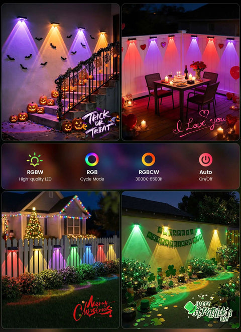 Slick Solar Fence Lights 8 Pack Weatherproof Outdoor Lamp With 3 Warm To Cool Temps And Rgb Dynamic Hue 12 Smart Patterns showcase colorful lighting for seasonal decor.
