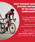 Cyclists on road with text highlighting benefits of chain waxing over oil-based lubricants: longevity, performance, cleanliness.