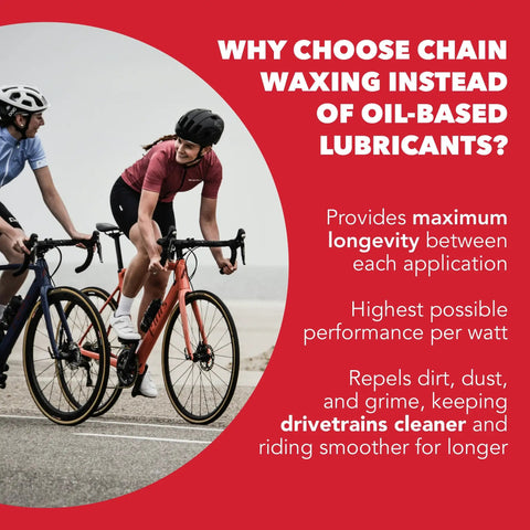 Cyclists on road with text highlighting benefits of chain waxing over oil-based lubricants: longevity, performance, cleanliness.