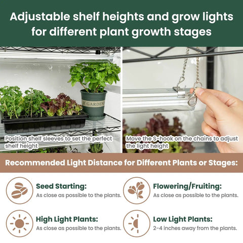 Indoor Grow Cabinet With Five Tier Shelves And Eight Full Spectrum Grow Lights 6000K instructions for adjustable shelf and light height