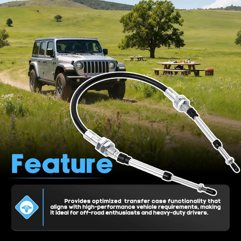 Heavy Duty 4x4 Transfer Case Cable Shifter Linkage Kit For Jeep Wrangler TJ 1997-2006 NP231 Only, silver cable linkage on Jeep off-road scene