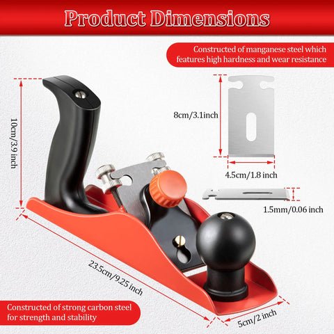 Adjustable Wooden Hand Planer Features An Extra Thick Steel Blade Barbell Depth Lock with dimensions for stability and use.