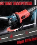 Close-up of Beast 900W Angle Grinder 4-1/2 Inch Corded Electric Tool with 11,000 RPM and 7.5 Amp Motor, shown in action.