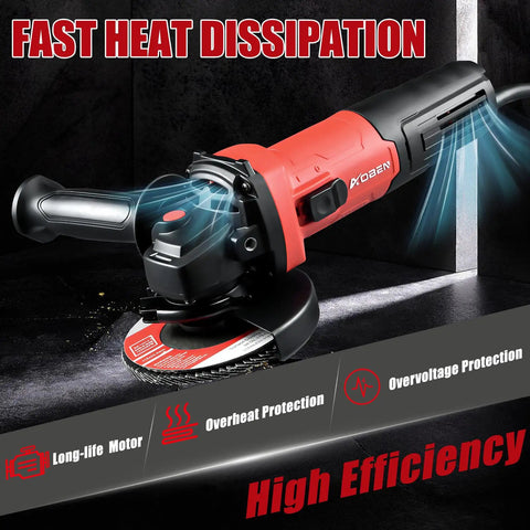 Close-up of Beast 900W Angle Grinder 4-1/2 Inch Corded Electric Tool with 11,000 RPM and 7.5 Amp Motor, shown in action.