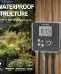 Heavy Duty Outdoor Pool Timer with Rotating Dial and 6 Easy Programs Waterproof Design showing a sleek display in a rainy garden.