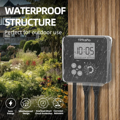 Heavy Duty Outdoor Pool Timer with Rotating Dial and 6 Easy Programs Waterproof Design showing a sleek display in a rainy garden.