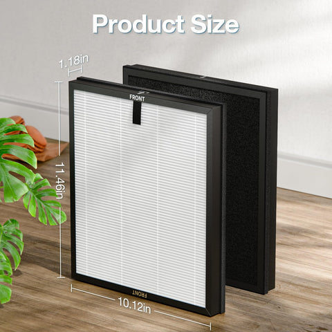 2 Pack Replacement Filter For HAP603 Air Purifier HAP603WF 3 Stage Filtration, size dimensions, on wooden floor