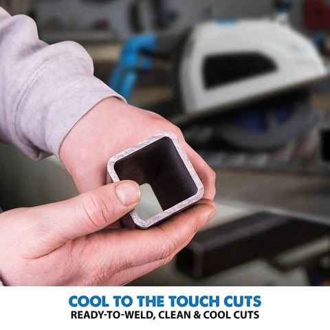 Hands holding a steel tube with a clean cut, demonstrating the capability of the 8.25 Inch Metal Cutting Circular Saw With High Torque Motor, Cuts Steel Clean And Cool Without Heat Or Burrs, Adjustable 3 Inch Depth, Chip Collector, No Sparks, Includes TCT Blade For Fast Burr Free Fabrication.