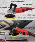 Beast 1400W Rotary Car Polisher with 6 and 7 inch pads, showcasing features like variable speed, position on car surface.