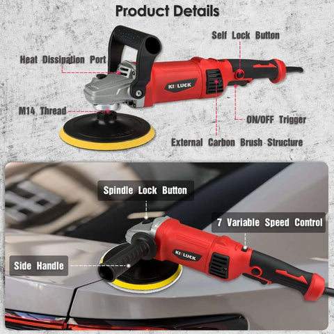 Beast 1400W Rotary Car Polisher with 6 and 7 inch pads, showcasing features like variable speed, position on car surface.