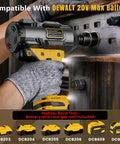 Pro Shop Three Quarter Inch Cordless Brushless Impact Wrench shown in use with DEWALT 20V Max Battery compatibility and sturdy grip.