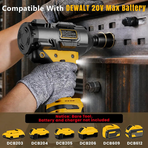 Pro Shop Three Quarter Inch Cordless Brushless Impact Wrench shown in use with DEWALT 20V Max Battery compatibility and sturdy grip.