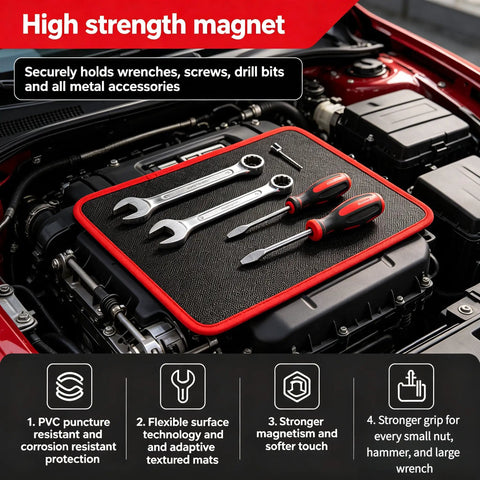 Flexible Magnetic Tool Mat Set For Mechanics And Garage Pros Non Slip Magnetic Tray Holds Screws Nuts Bolts And Small Metal Parts Large 12.8 By 9.64 Inches Heavy Duty Mats For Car Repair And DIY Projects on car engine