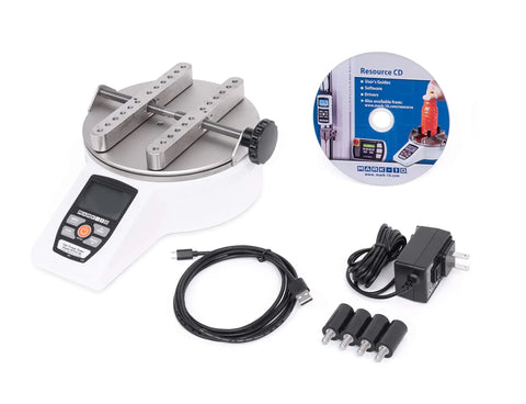 Pro Grade Cap Torque Tester For Tamper Evident Closures With Movable Posts And Optional Jaws, Auto Output Data Storage And Zeroing On Cap Removal, First And Second Peak Torque Detection, Programmable Setpoints, 25 Lbf In Capacity with adjustable posts, cable, adapter, and CD