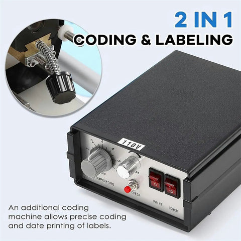 Semi Automatic Label Applicator For Round Bottles, Heavy Duty Bottle Tagger With Instant Date Encoder, Cans And Glass Roller showing control panel features.