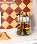 Alt Tag: Two Tier Lazy Susan Turntable For Cabinets And Pantry 9.5 Inch Diameter Double Rotating Kitchen Spice Rack on countertop